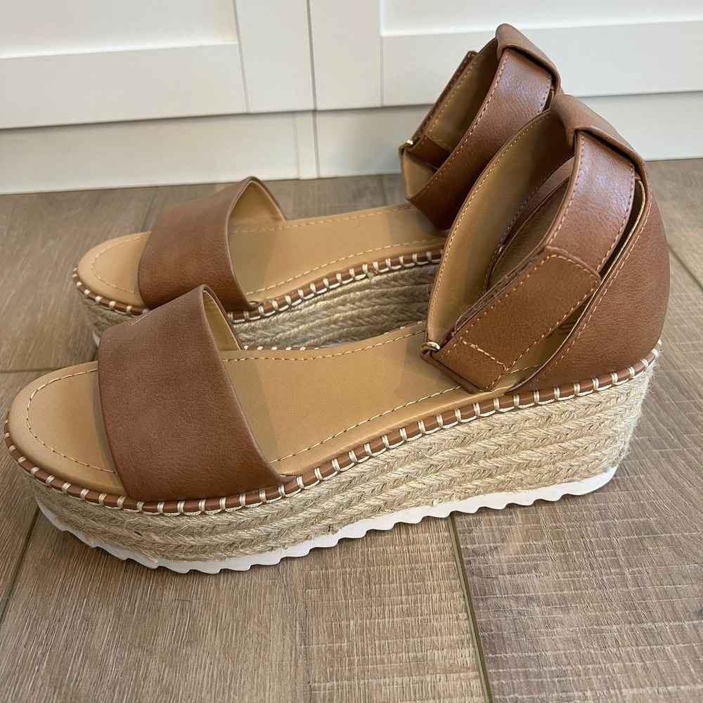 Soda Platform Wedge Sandals Cognac Brown Espadrille Ankle Strap Size‎ 9 - Picture 5 of 9